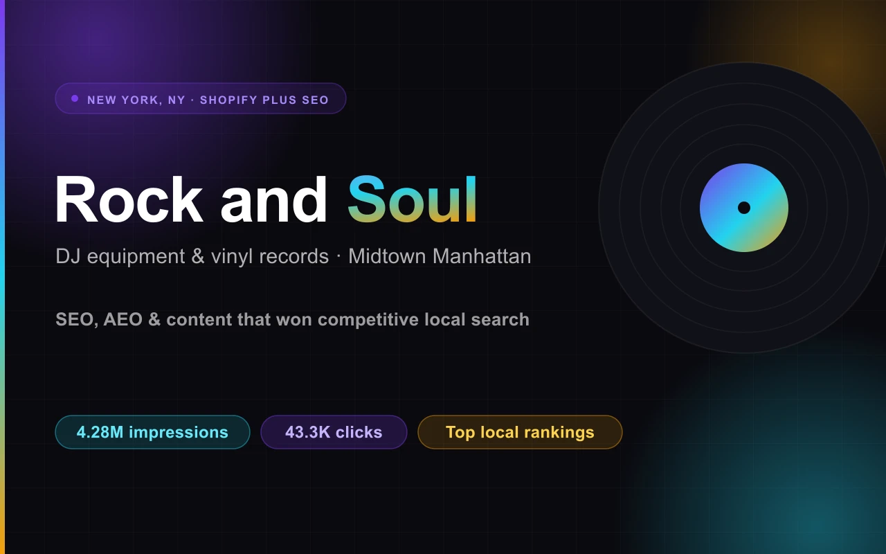 Shopify Plus SEO, AEO, and content for a New York record store